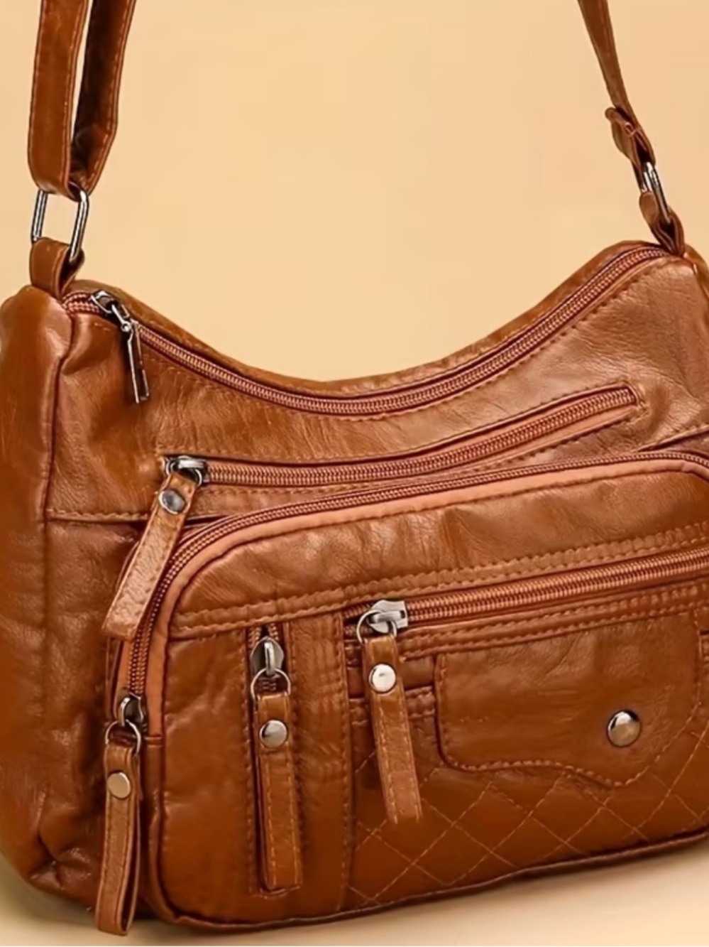 Camel Brown Mini Shoulder Bag with Front Zip Pockets
